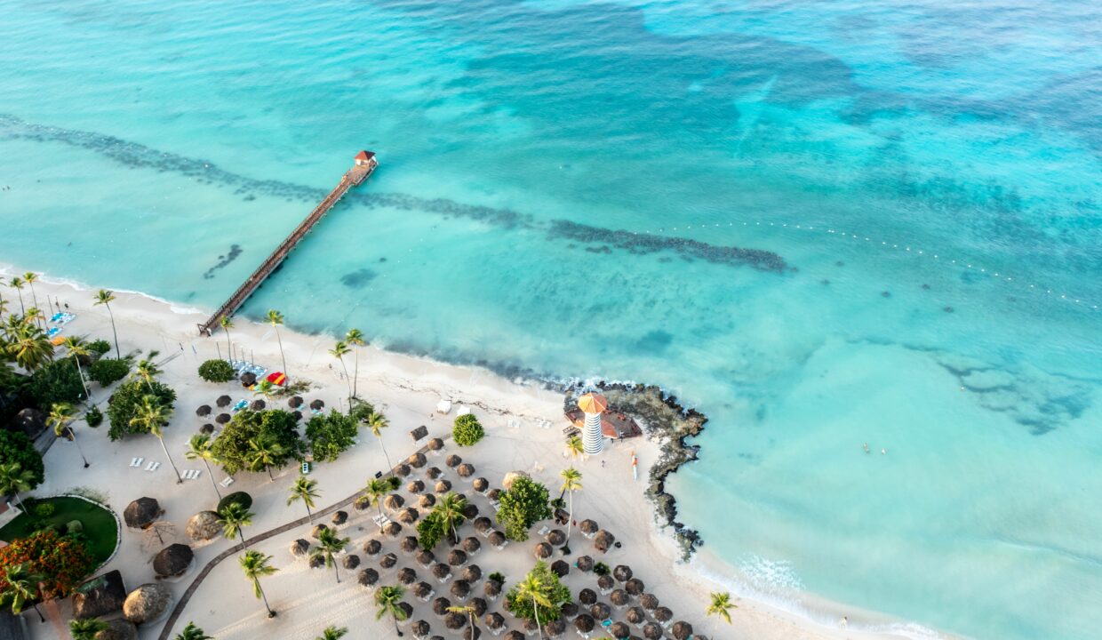 Bird's eye view of a beach with palms and a lighthouse in the Dominican Republic